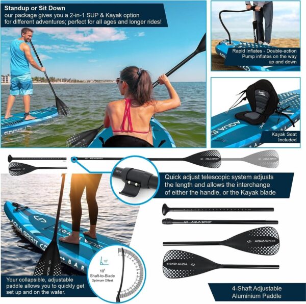 Aqua Spirit Barracuda iSUP 10'6 Paddle Board with Kayak Package - Blue - Image 4