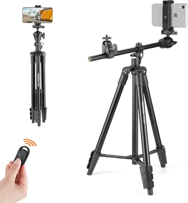 Cell Phone Tripod Stand, PHOSNOVA 55" Lightweight Premium Square Tube Travel Tripod, Portable Extendable Camera Tripod for iPhone 13/Android with Carry Bag & Remote Shutter Video Recording/Vlogging