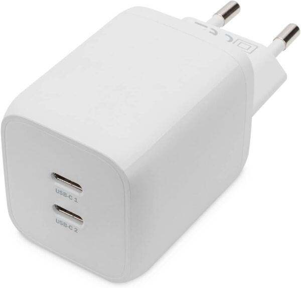 DIGITUS 65 W GaN Universal Charger - 2 USB-C Ports - Power Delivery Fast Charger (PD 3.0) - for iPhone, iPad, Samsung Galaxy, Pixel, Xiaomi, Motorola, Huawei - White