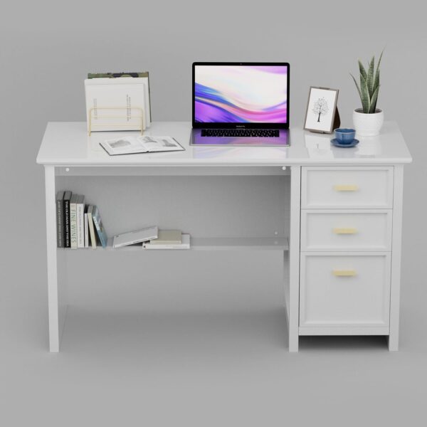 BALDPER 47.25 in. White Home Office Desk with 3 Drawers and Storage Shelf, Modern Computer Writing Desk with Polished Gold Handle for Bedroom, Multipurpose Workstation