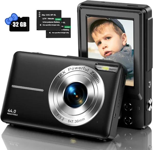 Digital Camera, Kids Camera with 32GB Card FHD 1080P 44MP Vlogging LCD Screen 16X Zoom Compact Portable Mini Rechargeable Gifts for Students Teens Adults Girls Boys-Black