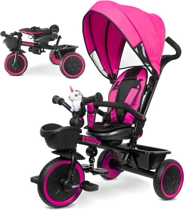 KRIDDO 7-in-1 Tricycle Stroller for Toddlers 18 Months to 5 Years, Adjustable Push Handle, Rotatable Seat, Cup Holder and Retractable Canopy, Folding Baby Trike w/Detachable Guardrail, Footrest, Pink