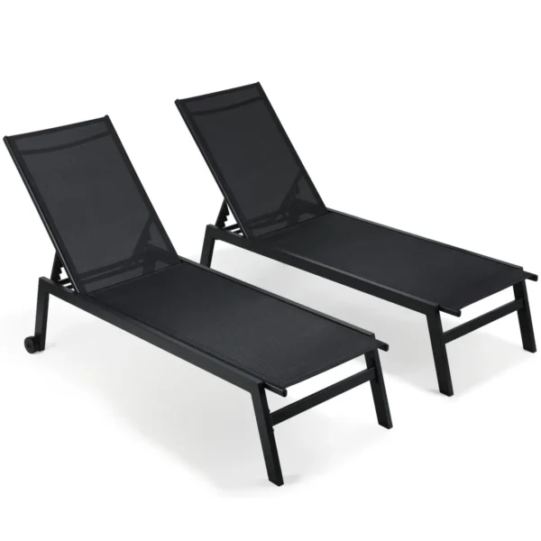 Set of 2 Patio Lounge Chair Chaise All-Weather Adjustable Recliner with Wheels