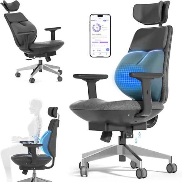 Smart Ergonomic Home Office Chair, Automatic Massage Lumbar Support and App-Controlled,3D Armrests, Executive Desk Chair with Adjustable Height for Home Office/Learning/Conference