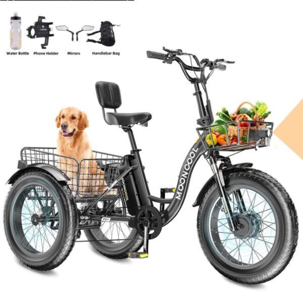 Lilypelle Fat-20 Electric Tricycle, 45miles Long Range, 500W(Peak Power 750W) 48V 15AH Step-Thru Electric Trike, 3 Wheel 20"x4" Fat Tire Electric Bicycle for Adults with Front & Rear Basket, Black