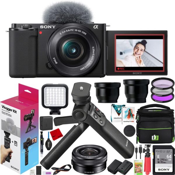 Sony ZV-E10 Mirrorless Vlogger Camera Kit with 16-50mm F3.5-5.6 Lens ILCZV-E10L/B Black with ACCVC1 Including GP-VPT2BT Grip + Filters + Wide & Telephoto Lenses + Case &