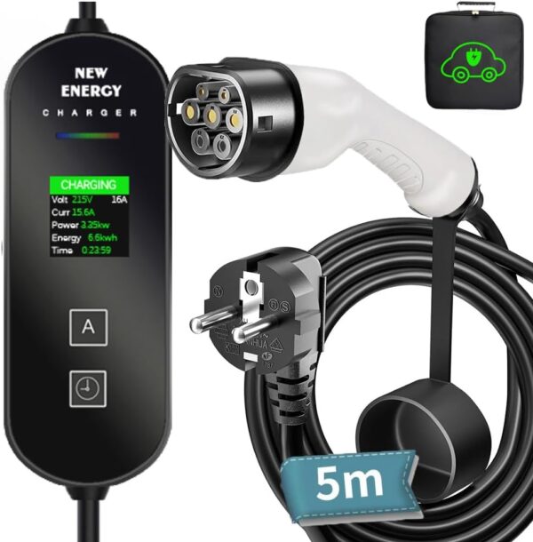 EV Electric Car Charger Type 2.5-M Fast Electric Car EV Charging Cable, 3.6 KW EV Charger Electric Vehicle, Digital Screen 8/10/13/16A Switchable Current, IEC 62196-2 (White)