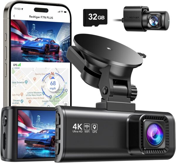 REDTIGER Dash Cam Front Rear, 4K/2.5K Full HD Dash Camera for Cars, Included 32GB Card, Built-in Wi-Fi GPS, 3.18” IPS Screen, Night Vision, 170°Wide Angle, WDR, 24H Parking Mode