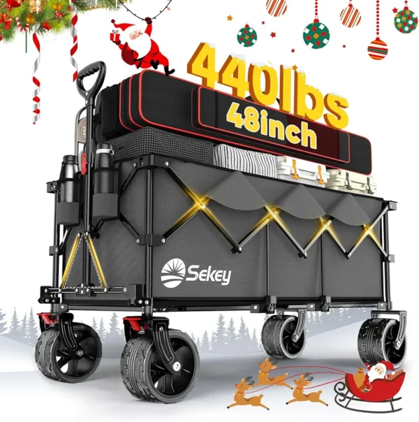 Sekey 48''L Collapsible Foldable Extended Wagon with 440lbs Weight Capacity, Heavy Duty 300L Folding Utility Garden Cart with Big All-Terrain Beach Wheels & Drink Holders. Grey