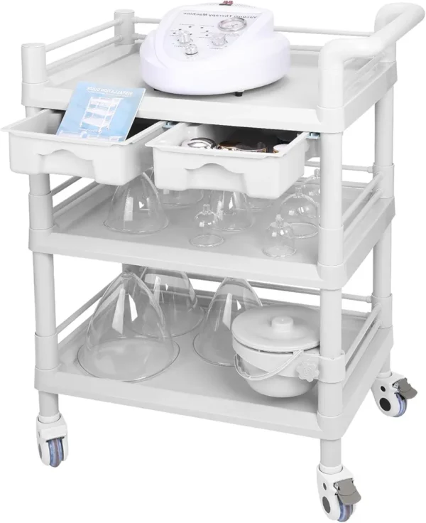 Beauty Salon Trolley Cart, Esthetician Cart with Wheels & Bucket and 2 Big Drawer, 3 Tier Heavy Duty SPA Cart, Load 330lbs, 360° Rotate Silent Wheels for Beauty Salon SPA Hospital Office Lab Cart