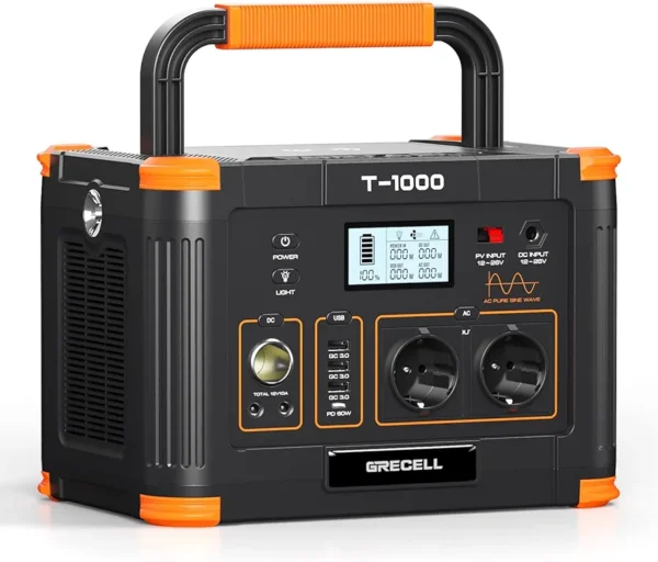 GRECELL Portable 1000 W Power Station, 999 Wh Lithium Battery Solar Generator, 10 Ports Mobile Power Generator for Outdoor Use with AC/DC/USB, Power Station for Camping, Emergencies (1000 W), T-1000