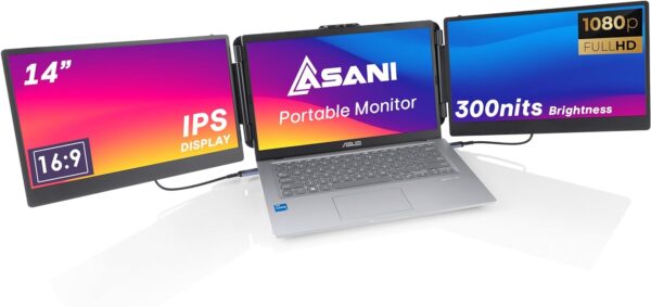 Asani 14" Portable Monitor - Full HD Tri-Screen Extender for Laptops, USB Type-C plus HDMI, Plug and Play, Compatible with 13"-17" Laptops, 1080P IPS Panel Display, 300nits Brightness, MacOS & Windows