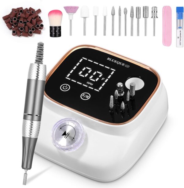 Exyvox Professional Nail Milling Cutter Nail Kit 45000RPM 8-10 Hours Cordless Use Nail Milling Cutter Touch Screen Electric Nail File Nail Salon White