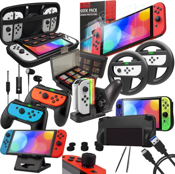 Orzly Accessories Kit Designed for Nintendo Switch Geeks Accessories & OLED Console Case & Screen Protector, Joycon Grips & Wheels for Enhanced Gameplay & More - Jet Black